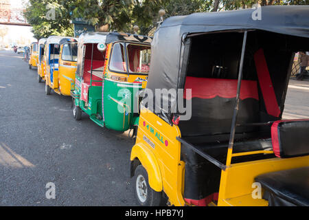 HYDERABAD, INDIA - FEBRUARY 20,2017 Colorful Indian auto-rickshaws ...