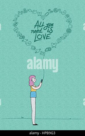 Social media love concept illustration. Girl on smart phone with outline icons in heart shape over grainy textured background. EPS10 vector. Stock Vector