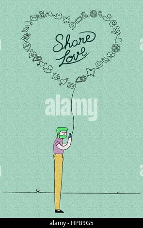 Social media love concept illustration. Man on smart phone with outline icons in heart shape over grainy textured background. EPS10 vector. Stock Vector