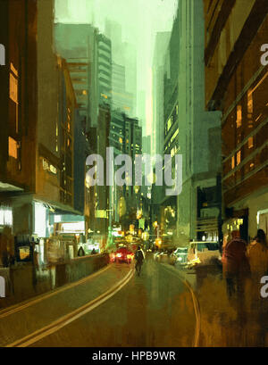 painting of street in modern urban city at evening Stock Photo