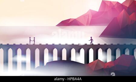 People on Aqueduct Bridge Near Shore Cliffs  - Vector Illustration Stock Vector