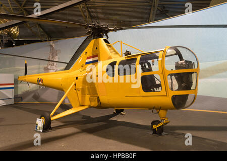 LELYSTAD, NETHERLANDS - MAY 15, 2016: yellow sikorsky s-55 helicopter in the Aviodrome aerospace museum Stock Photo