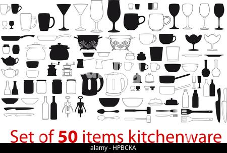Big set of fifty different items kitchenware. Each piece in two versions - only the outline and more detailed Stock Vector