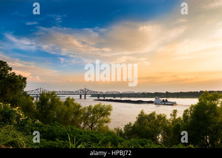 A pusher boat in the Mississippi River near the Vicksburg Bridge in Vicksburg, Mississippi, USA. Stock Photo