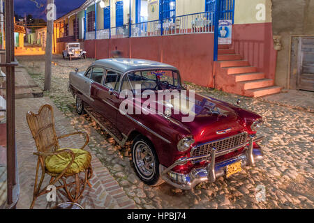 Oldtimer, Street with cobblestone, Trinidad Cuba, West Indies, Stock Photo