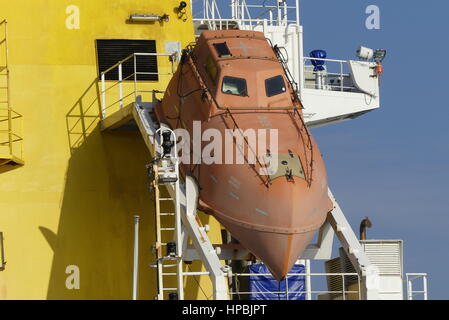 Lorient, France- December 16, 2016:Details of modern life boat on board Oil tanker ship. Stock Photo