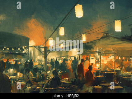 crowd of people walking in the market at night,digital painting Stock Photo