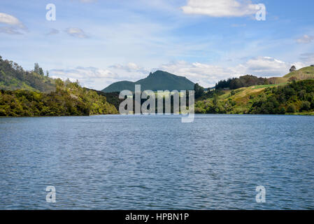 Scenic landscape of Waikato river from a ferry near Orakei Korako geothermal park, New Zealand, North Island Stock Photo