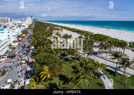 Miami Beach Florida,Ocean Drive,Art Deco Weekend,festival,Lummus Park,Atlantic Ocean,hotels,aerial overhead from above view,public beach,water,FL17011 Stock Photo
