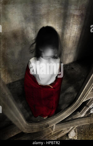 Horror ghost girl appears in an old building. Creepy movie scene Stock ...