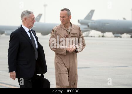 Irbil, United Arab Emirates. 20th Feb, 2017. U.S. Secretary of Defense Jim Mattis talks with U.S. Air Force Col. Charles Corcoran, 380th Air Expeditionary Wing commander, at Al Dhafra Air Base February 20, 2017 in Abu Dubai, United Arab Emirates. Mattis stopped in Abu Dubai on his way to Iraq on an unannounced visit to reassure Iraqi allies. Credit: Planetpix/Alamy Live News