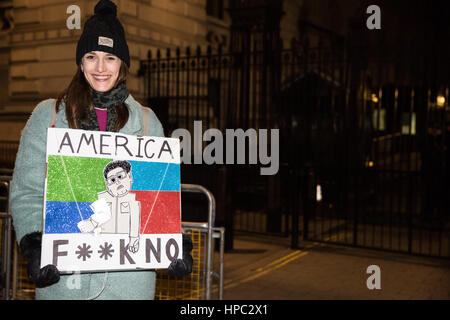 London, UK. 20th February, 2017. A demonstrator holds a sign outside Downing Street follwing the Stop Trump rally in Parliament Square. Credit: Mark Kerrison/Alamy Live News Stock Photo