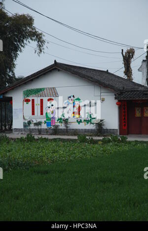 Deyang, Deyang, China. 20th Feb, 2017. Deyang, CHINA-February 20 2017: (EDITORIAL USE ONLY. CHINA OUT) .The wall of a house is decorated with Chinese traditional New Year paintings at a village in Mianzhu, Deyang City, southwest China's Sichuan Province, February 20th, 2017. Various New Year paintings can be seen everywhere in the village. Credit: SIPA Asia/ZUMA Wire/Alamy Live News Stock Photo