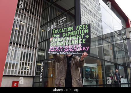 London, UK. 20th February 2017. Protesters, including students and their teachers, gathered at UAL: University Of The Arts, south campus, to march to Parliament Square protesting against Brexit and Trump's state visit to Britain. A protester was seen holding a placard reading: 'Education free from deportation, harassment and surveillance. We will make our campus a sanctuary'.  Credit: ZEN - Zaneta Razaite/Alamy Live News Stock Photo