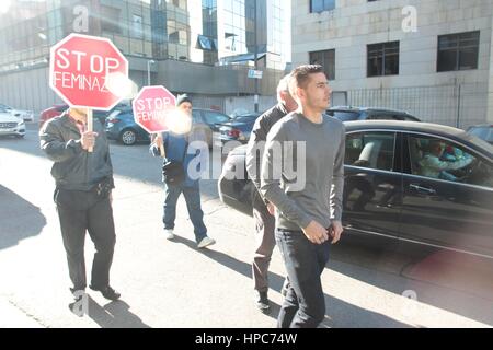 The soccer player Lucas Hernandez and his girlfriend declare before the judge in Madrid Tuesday, February 21, 2017 Stock Photo