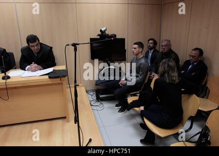 The soccer player Lucas Hernandez and his girlfriend declare before the judge in Madrid Tuesday, February 21, 2017 Stock Photo