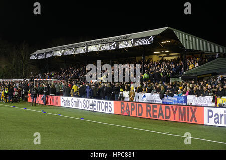 Sutton, UK. 20th February 2017. The home fans before the FA Cup Fifth Round match between Sutton United and Arsenal at Borough Sports Ground on February 20th 2017 in Sutton, England. Credit: PHC Images/Alamy Live News Stock Photo