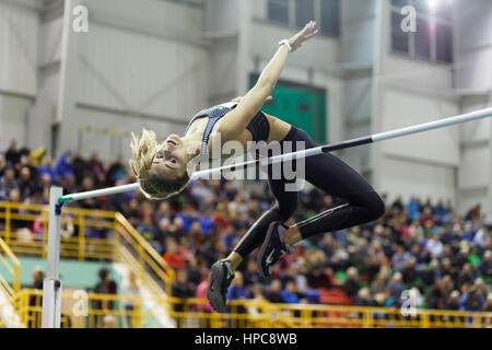 SUMY, UKRAINE - FEBRUARY 17, 2017: Yuliia Levchenko got silver medal in High Jump competition of Ukrainian indoor track and field championship 2017. Stock Photo