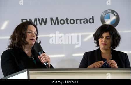 Berlin, Germany. 21st Feb, 2017. The French labour minister Myriam El Khomri (R) with her German counterpart Andrea Nahles (SPD) during a visit to the BMW motorbike factory in Berlin, Germany, 21 February 2017. Photo: Monika Skolimowska/dpa/Alamy Live News Stock Photo
