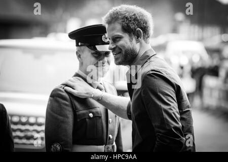 21st February 2017, Newcastle, UK: Prince Harry joins a training session in the centre of Newcastle with Team Heads Together as [art of an ongoing campaign to get the nation talking about mental health. (This image has been edited - converted to black and white) Stock Photo