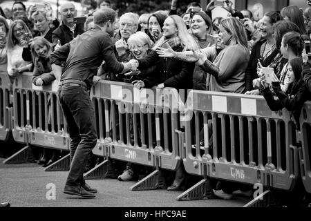 21st February 2017, Newcastle, UK: Prince Harry joins a training session in the centre of Newcastle with Team Heads Together as [art of an ongoing campaign to get the nation talking about mental health. (This image has been edited - converted to black and white) Stock Photo