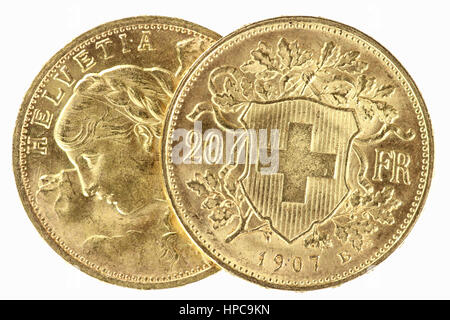 Swiss Vreneli gold coins isolated on white background Stock Photo