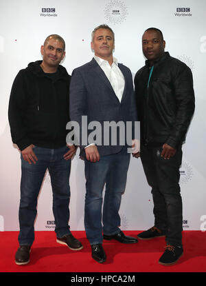 Top Gear presenters, Chris Harris (left), Matt LeBlanc (centre) and Rory Reid attend the showcase gala for BBC Worldwide in at the ACC Liverpool. Stock Photo