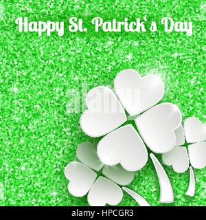 Happy St. Patricks day Greeting Card Background with 3d White Paper Clover Stock Vector