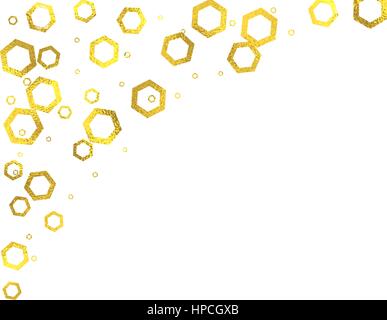 Gold glittering foil hexagons on white background, vector isolated design elements Stock Vector