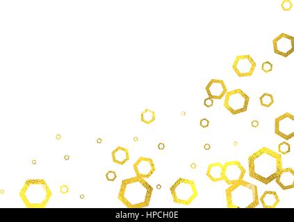 Gold glittering foil hexagons on white background, vector isolated design elements Stock Vector