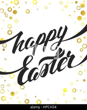 Happy Easter Vector Hand Lettering Greeting Card with Gold Foil Glittering Decoration Stock Vector