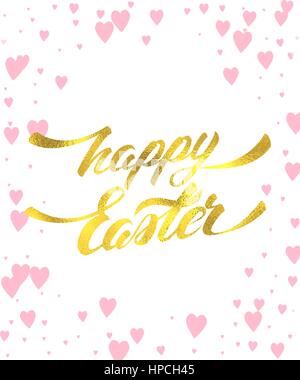 Happy Easter Hand Lettering with Gold Foil Texture Greeting Card. Vector Background with Pink Hearts Frame Stock Vector