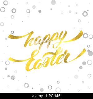 Happy Easter Hand Lettering with Gold Foil Texture Greeting Card. Vector Background with Abstract Silver Fiol Circle Frame Stock Vector