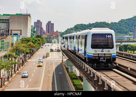 TAIPEI, TAIWAN - JULY 09: This is the taipei mrt in new taipei city which has an overground line and goes through the rural areas of Taipei on July 09 Stock Photo