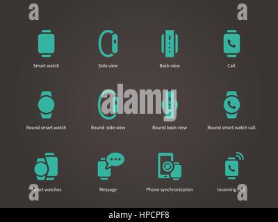 Set of smart watch with smart interface icons set. Stock Vector