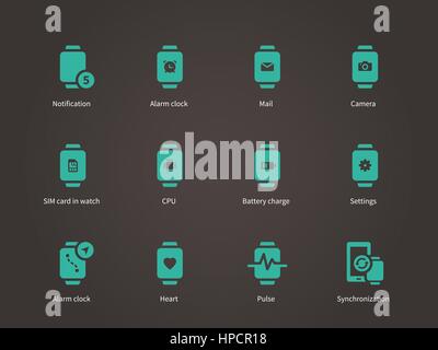 Smart watch settings, pulse, camera and SIM card icons set. Stock Vector