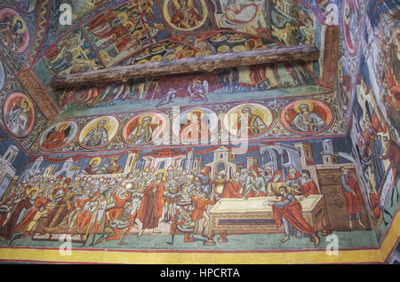 Suceava, Romania - April 30, 2014: Frescoes inside church in monastery Voronet. One of Romania's painted Orthodox monasteries in southern Bucovina,reg Stock Photo