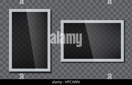 Realistic Glossy Shiny Photo frame with glass effect. White plastic border with transparent background. Vector illustration. Stock Vector