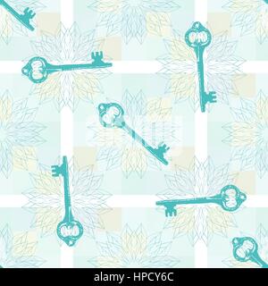 Seamless pattern with vintage key and decorative leaf shapes Stock Vector