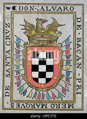 Coat of arms of Spanish admiral Alvaro de Bazan (1526-1588). Engraving, 19th century. Stock Photo