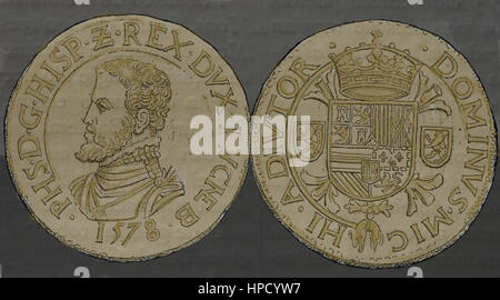 Coin Ecu of Luxembourg, 1578, Spanish Netherlands. Reign of Philip II of Spain. Silver. Engraving. Stock Photo