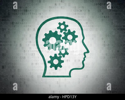 Information concept: Painted green Head With Gears icon on Digital Data Paper background Stock Photo