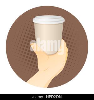 Man hand hold paper cup with coffee. Vector icon Illustration. Stock Vector