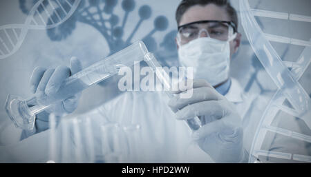 Doctor wearing medical gloves filling the test tube against panoramic view of dna helix pattern on screen Stock Photo