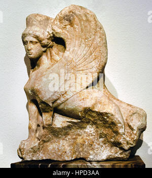 Sphinx shaped Finial of a Funerary Stele from Attica Greece , Marble 410 400 BC Greek ( winged Lion with a Human Head, ) Stock Photo