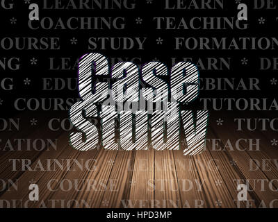 Studying concept: Glowing text Case Study in grunge dark room with Wooden Floor, black background with  Tag Cloud Stock Photo