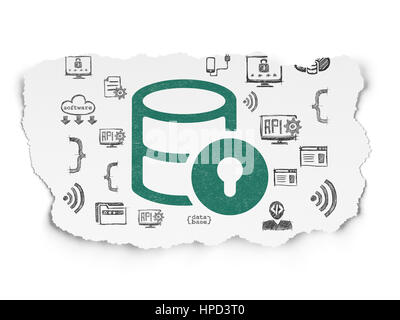 Programming concept: Painted green Database With Lock icon on Torn Paper background with  Hand Drawn Programming Icons Stock Photo