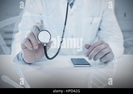 Midsection of doctor holding stethoscope against information data of dna Stock Photo