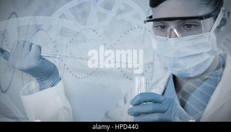 Female scientist holding laboratory glassware against red spiral dna pattern on screen Stock Photo