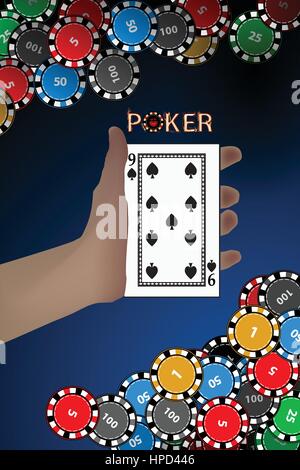 casino chips on hand card on a blue background. winnings concept. illustration to use for printing, website, smart phone, wallpaper, decoration, decor Stock Vector